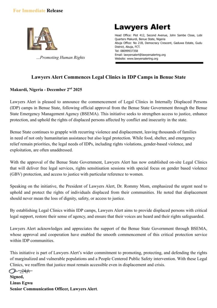 Lawyers Alert Launches Legal Clinics in Benue IDP Camps After State Approval